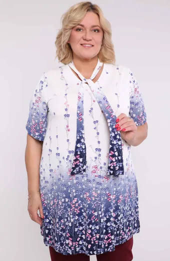 Niebieska tunika z wiązaniem różowe kwiaty
