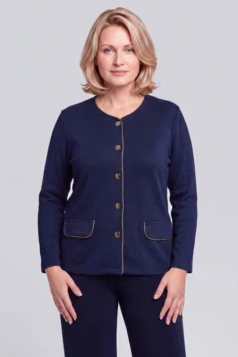 Granatowy sweter zapinany na złote guziki